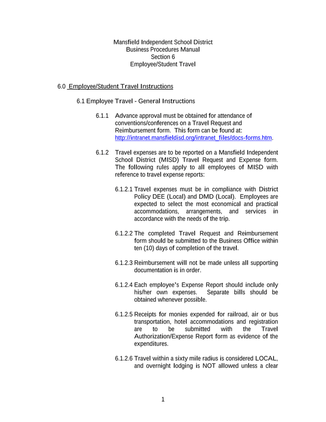 Mansfield Independent School District Business Procedures Manual, Section 6 EmployeeStudent Travel screenshot