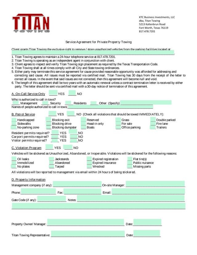 Service Agreement For Private Property Towing screenshot