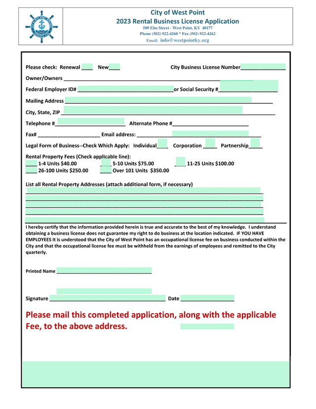 2023 Rental Business License Application screenshot
