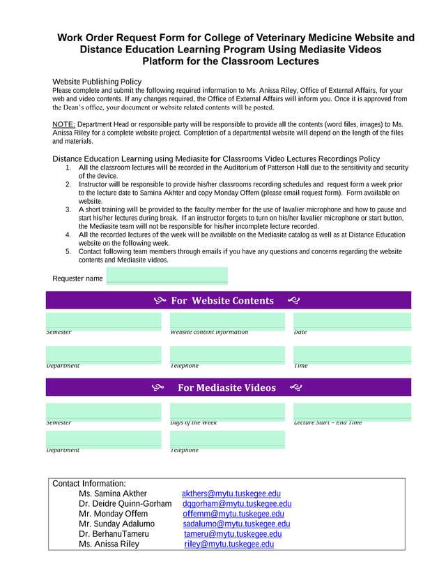 Work Order Request Form For College Of Veterinary Medicine Website And Distance Education Learning P screenshot