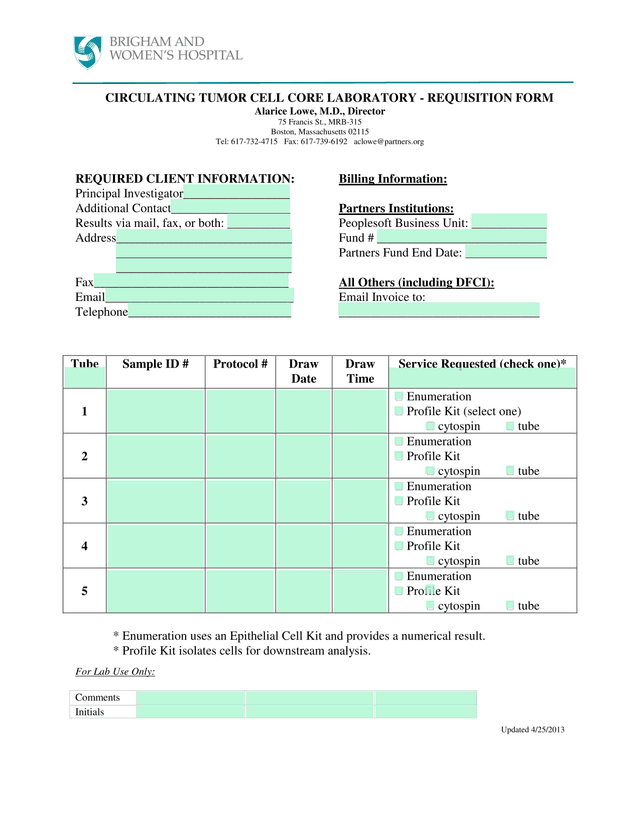 Circulating Tumor Cell Core Laboratory   Requisition Form screenshot