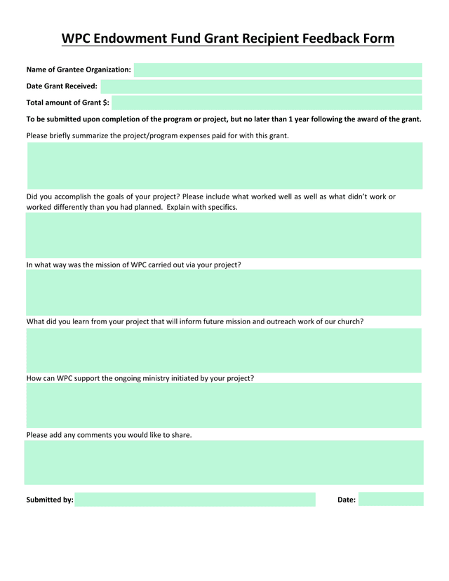 WPC Endowment Fund Grant Recipient Feedback Form screenshot