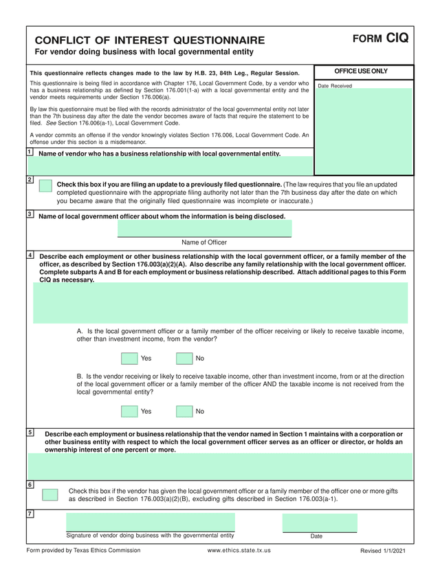 Conflict Of Interest Questionnaire screenshot