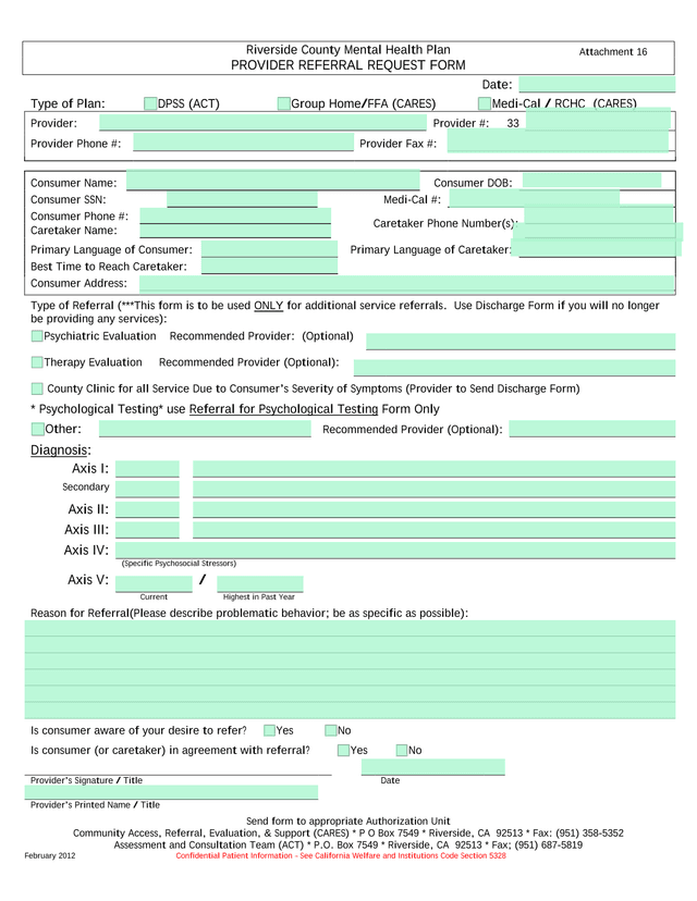 Riverside County Mental Health Plan Provider Referral Request Form screenshot