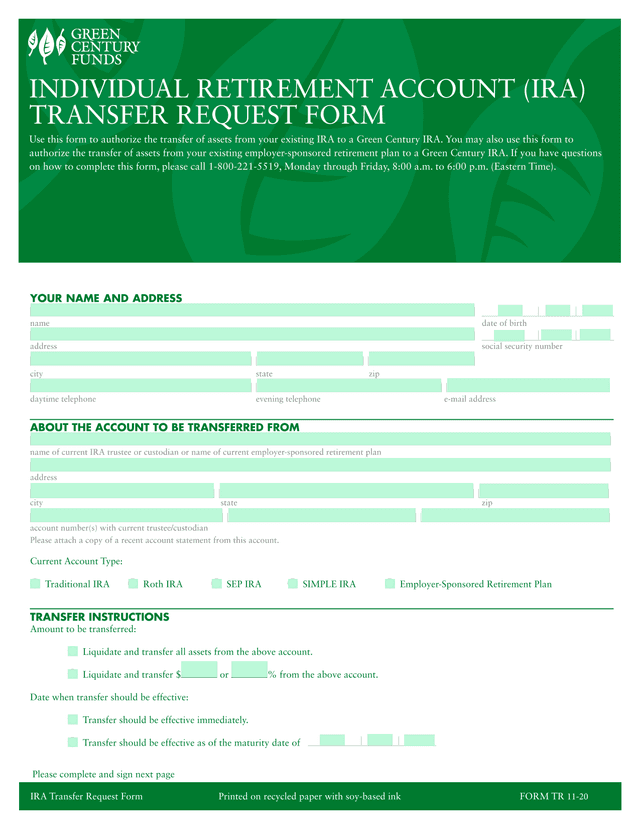INDIVIDUAL RETIREMENT ACCOUNT (IRA) TRANSFER REQUEST FORM screenshot
