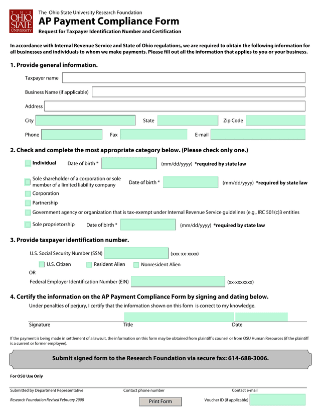 AP Payment Compliance Form screenshot