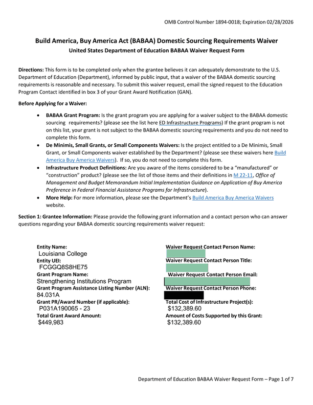 Build America, Buy America Act (BABAA) Domestic Sourcing Requirements Waiver Request Form screenshot
