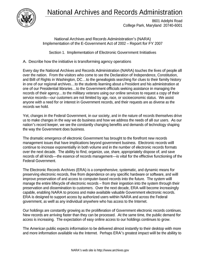 National Archives And Records AdministrationS (NARA) Implementation Of The E Government Act Of 2002  screenshot