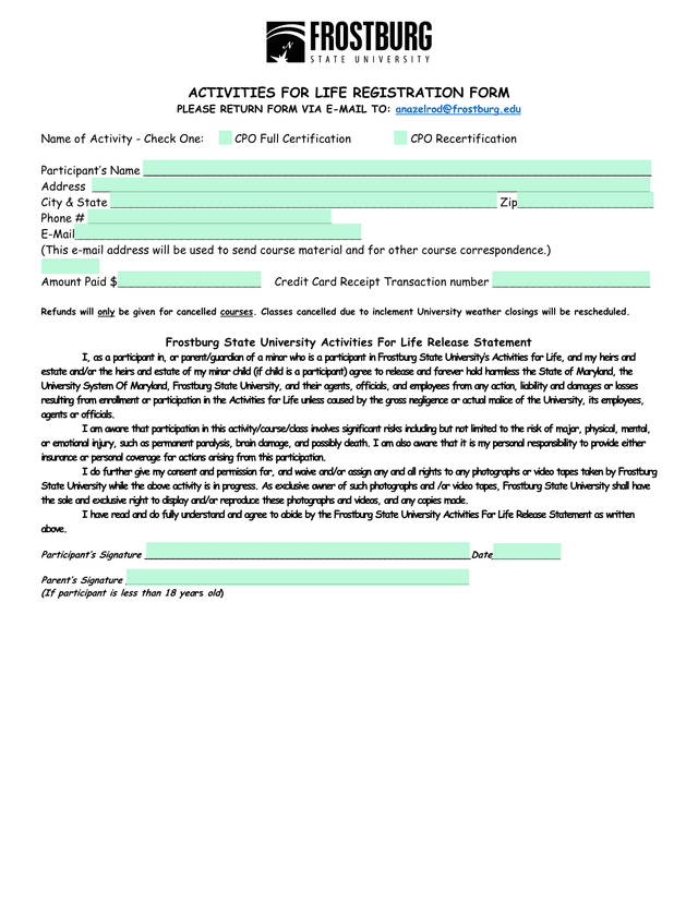 ACTIVITIES FOR LIFE REGISTRATION FORM screenshot