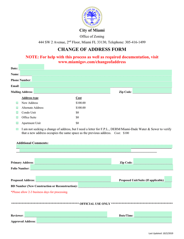 Change Of Address Form screenshot