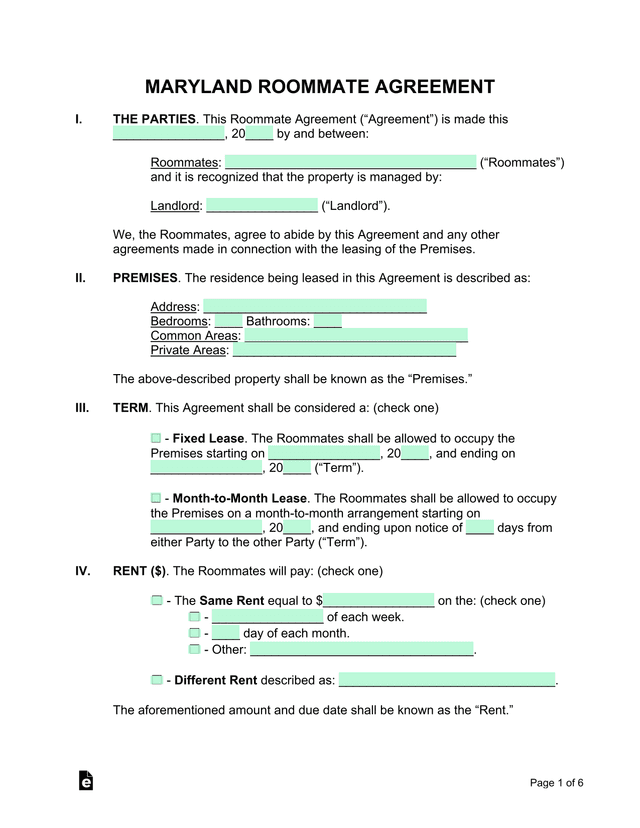 Maryland Roommate Agreement screenshot