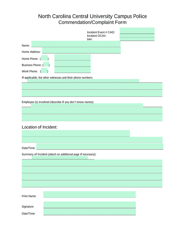 North Carolina Central University Campus Police CommendationComplaint Form screenshot