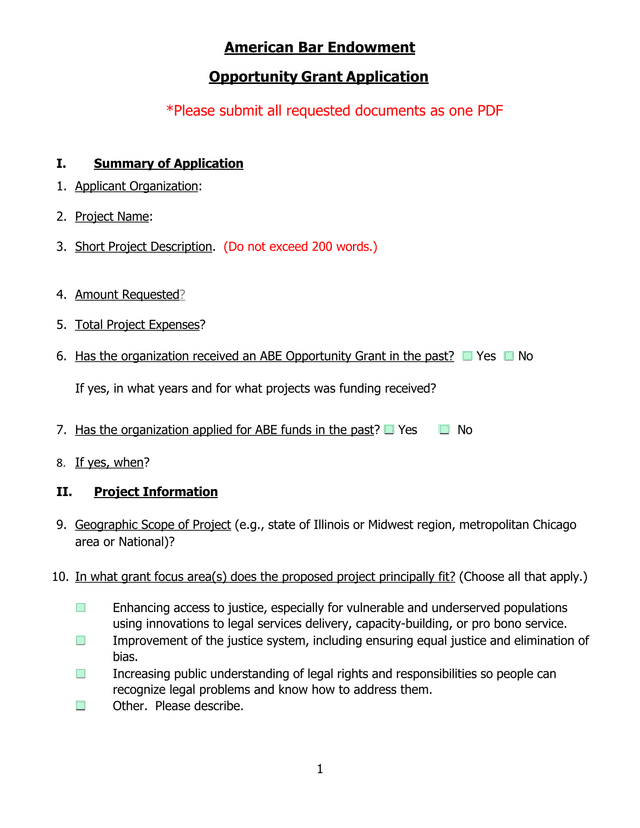 American Bar Endowment Opportunity Grant Application screenshot