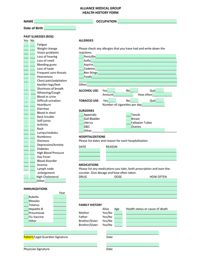ALLIANCE MEDICAL GROUP HEALTH HISTORY FORM screenshot