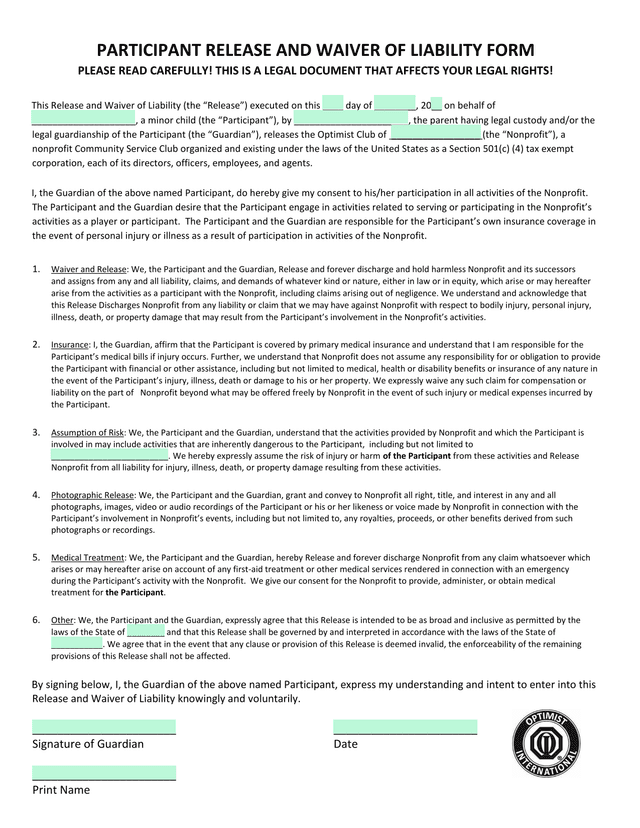 Participant Release And Waiver Of Liability Form screenshot