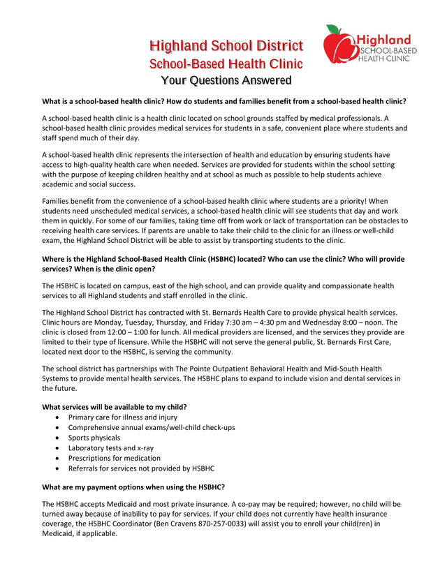 Highland School District School Based Health Clinic   Your Questions Answered screenshot