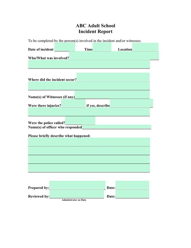 ABC Adult School Incident Report screenshot