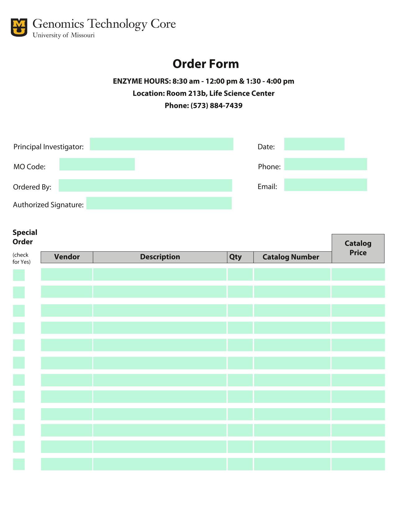 Vendor Order Form screenshot