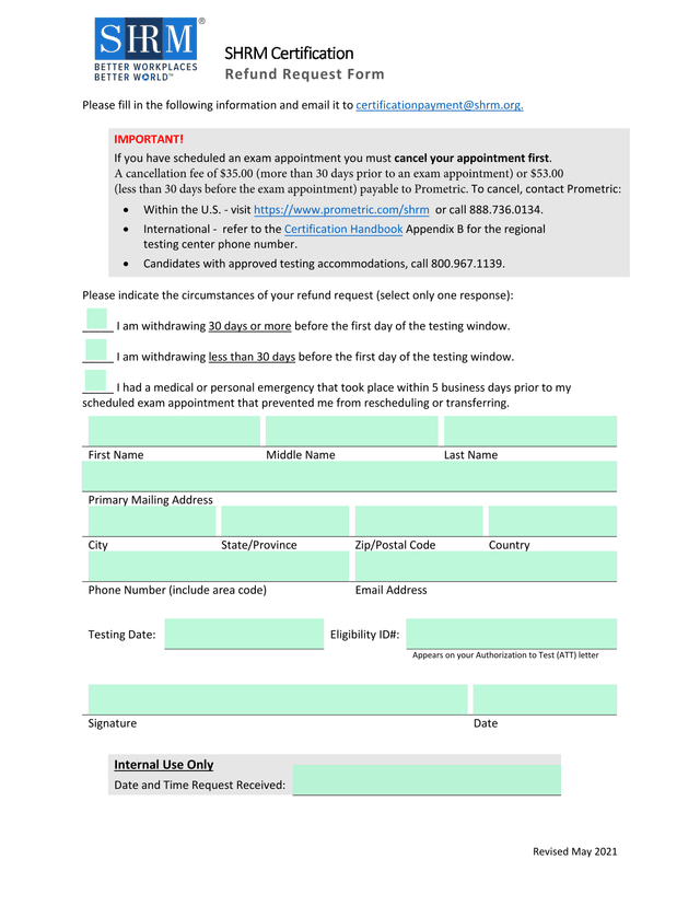 SHRM Certification Refund Request Form screenshot