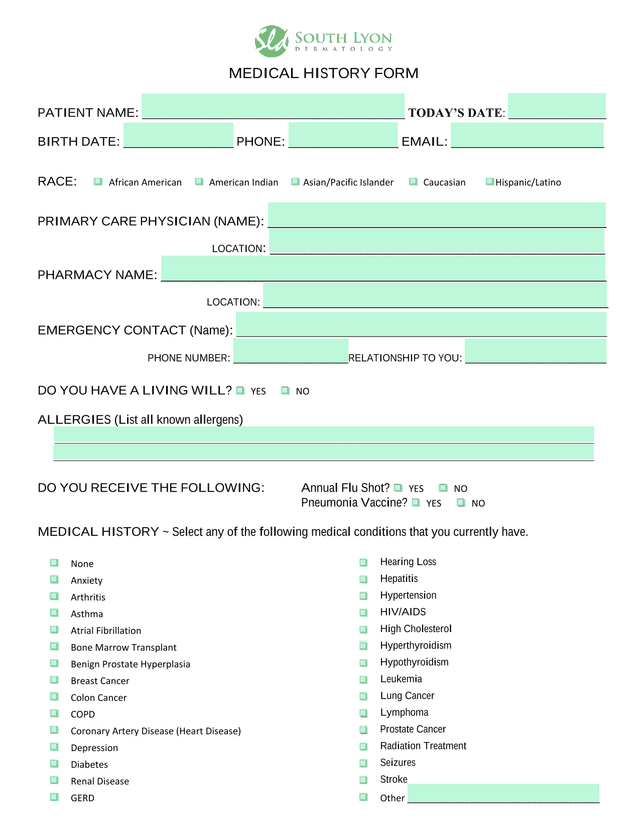 MEDICAL HISTORY FORM screenshot