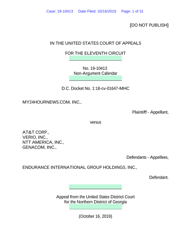 My24HourNews.Com, Inc. V. ATT Corp. (Eleventh Circuit Case No. 19 10413) screenshot