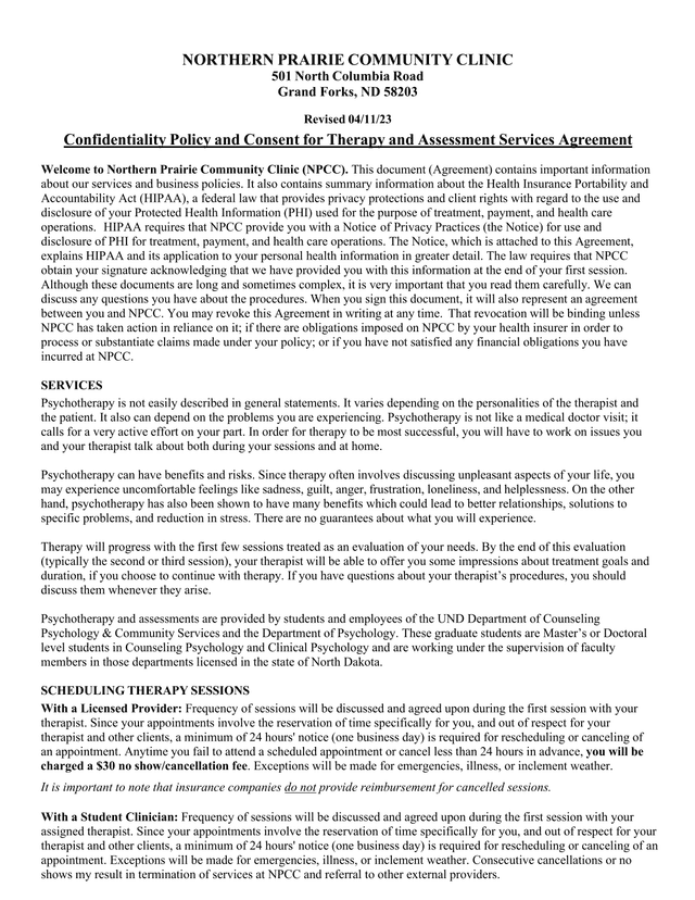 Confidentiality Policy And Consent For Therapy And Assessment Services Agreement screenshot