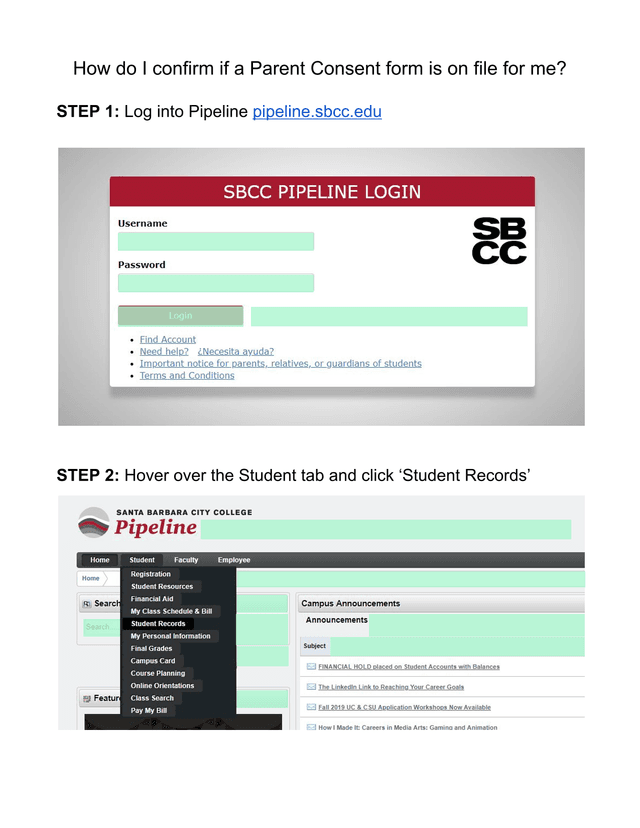 Dual Enrollment Parent Consent Form Instructions screenshot