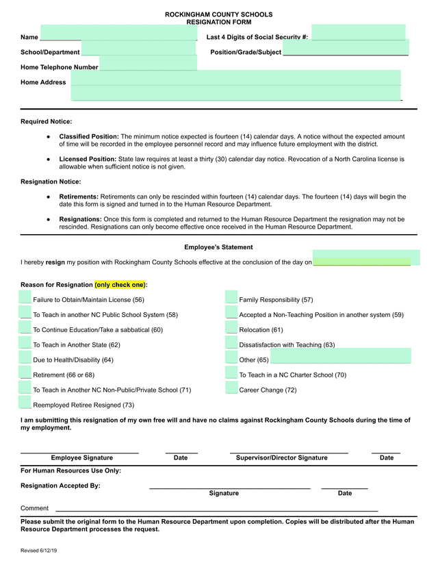 Rockingham County Schools Resignation Form screenshot