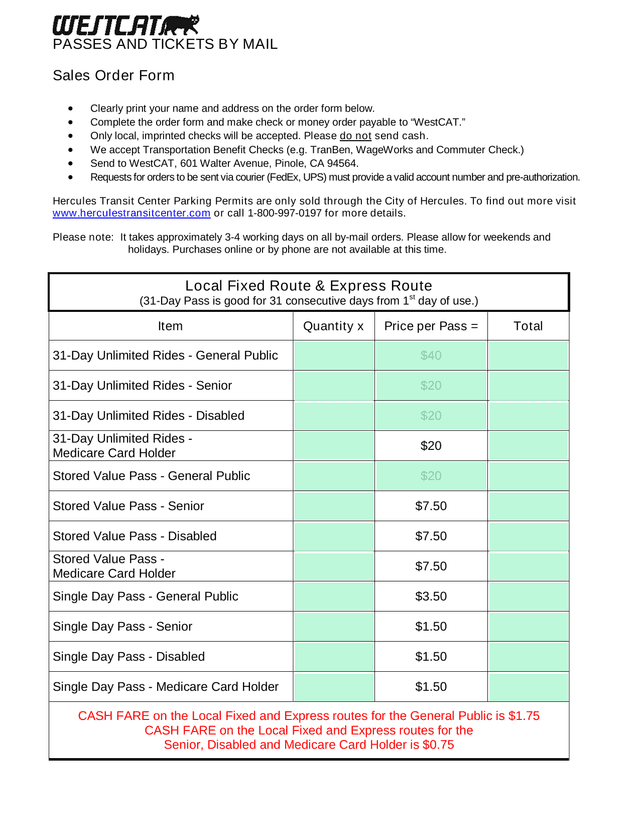 PASSES AND TICKETS BY MAIL Sales Order Form screenshot