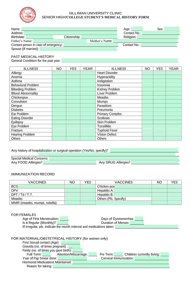 SILLIMAN UNIVERSITY CLINIC SENIOR HIGHCOLLEGE STUDENTS MEDICAL HISTORY FORM screenshot