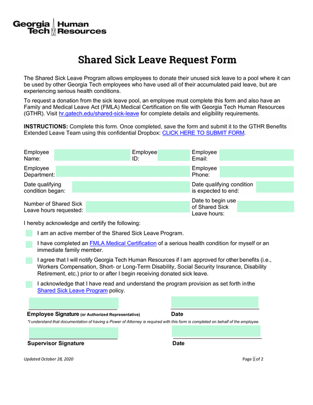 Shared Sick Leave Request Form screenshot