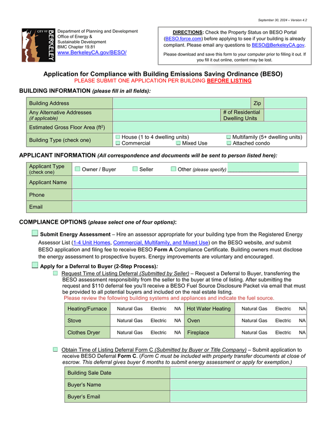 Application For Compliance With Building Emissions Saving Ordinance (BESO) screenshot