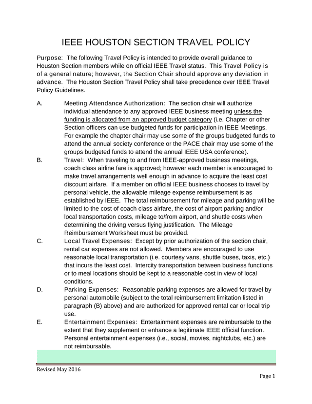 IEEE Houston Section Travel Policy screenshot