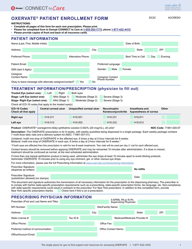 OXERVATE PATIENT ENROLLMENT FORM screenshot