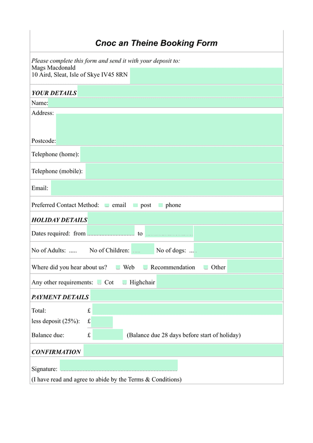 Cnoc An Theine Booking Form screenshot