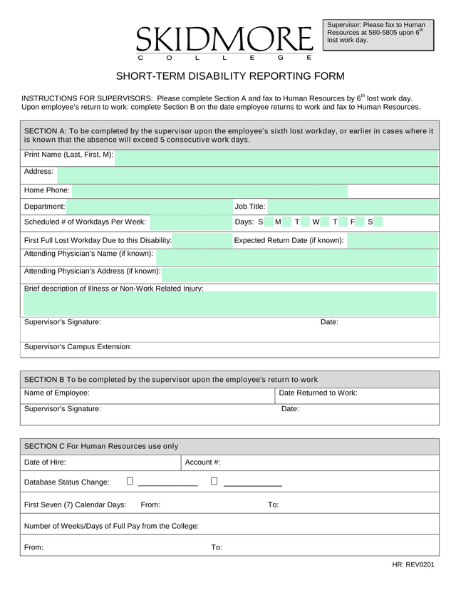 Short Term Disability Reporting Form screenshot
