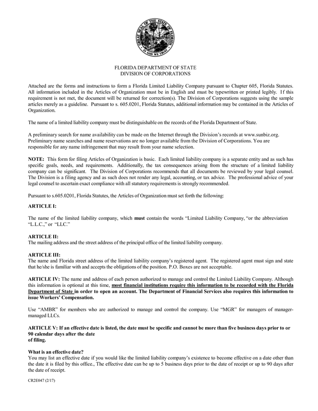 Florida Limited Liability Company Articles Of Organization screenshot