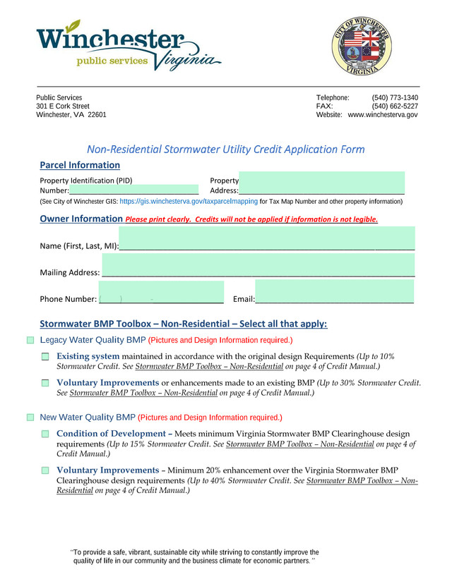 Non Residential Stormwater Utility Credit Application Form screenshot