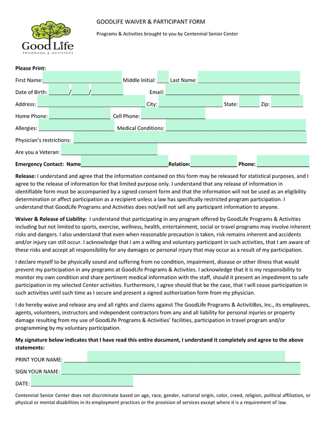 GoodLife Programs Medical Information And Liability Release Form screenshot