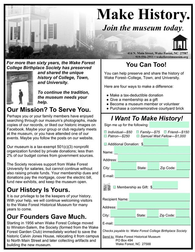 Wake Forest College Birthplace Society Membership Form screenshot