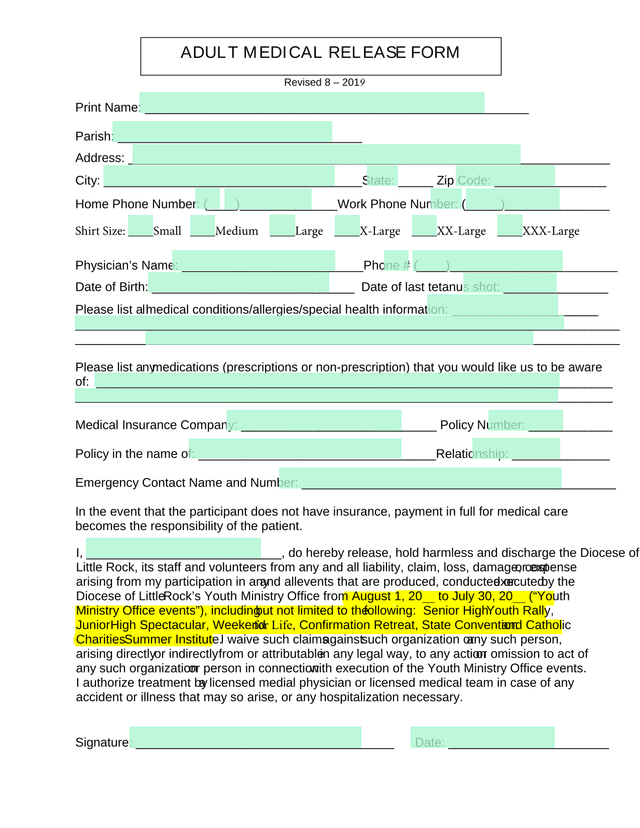 Adult Medical Release Form screenshot