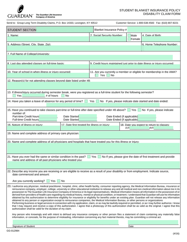 Student Blanket Insurance Policy Disability Claim Form screenshot