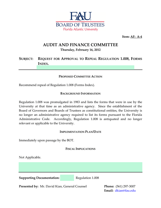 Regulation 1.008, Forms Index screenshot