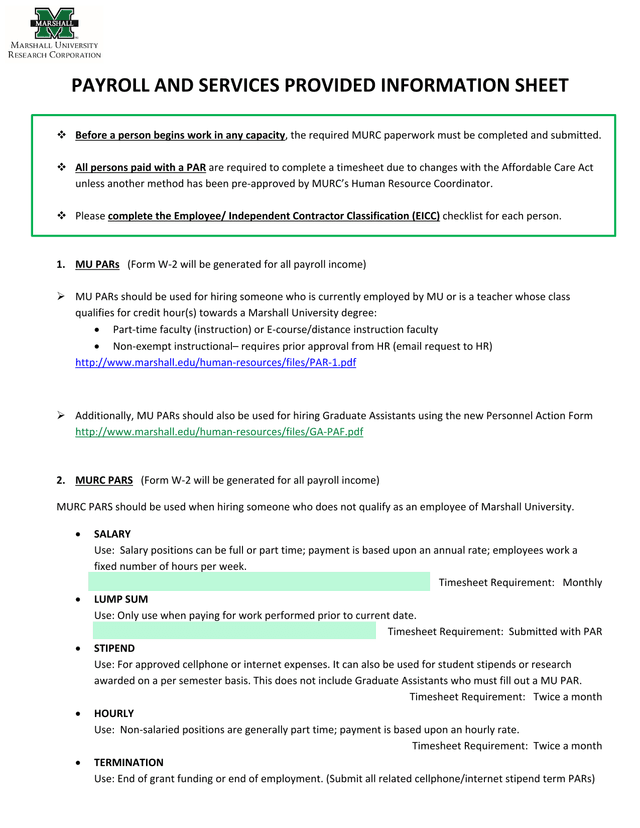 Payroll And Services Provided Information Sheet screenshot