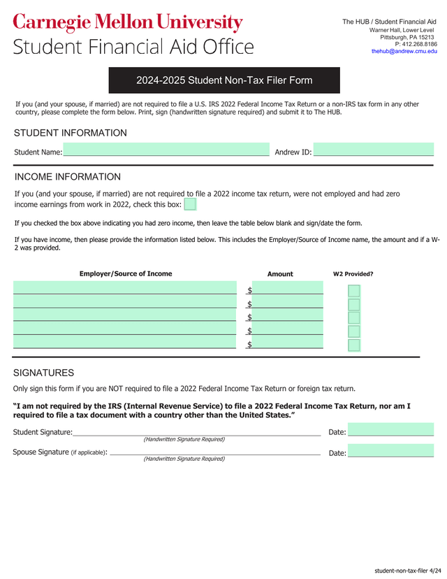 2024 2025 Student Non Tax Filer Form screenshot