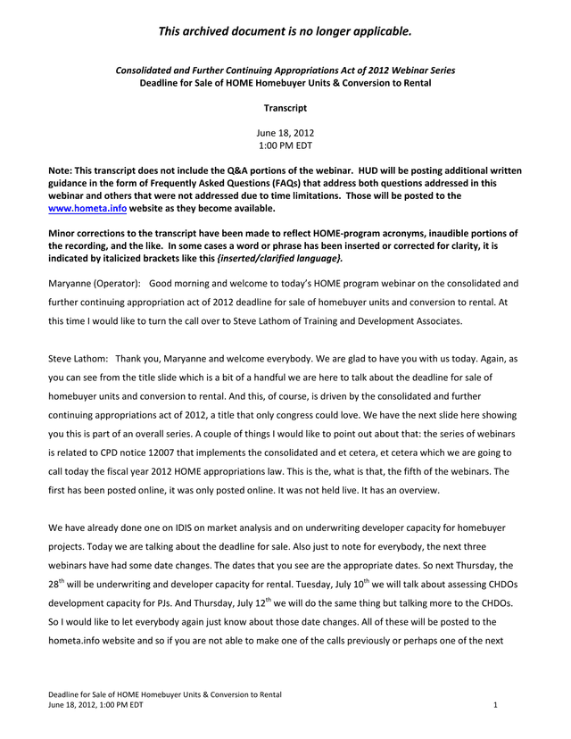 Deadline For Sale Of HOME Homebuyer Units  Conversion To Rental screenshot