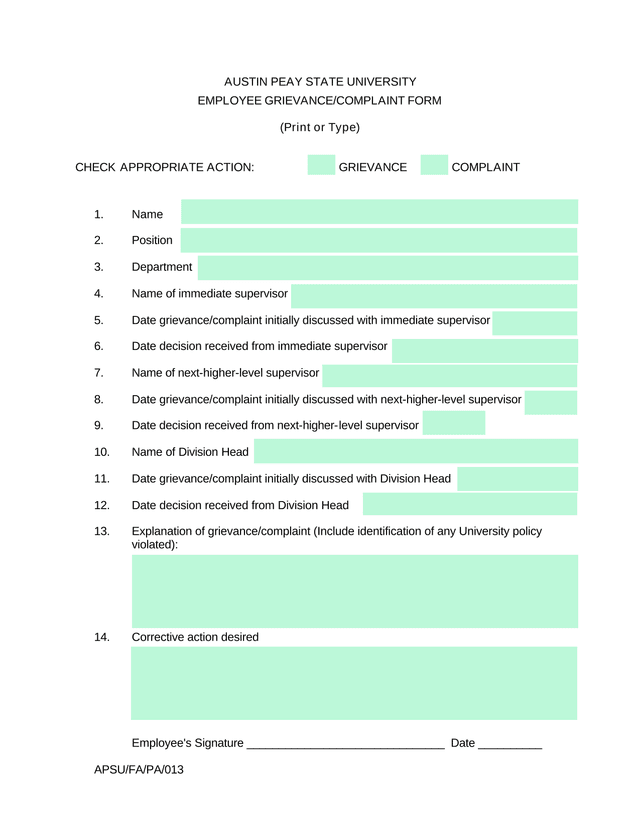 Employee GrievanceComplaint Form screenshot