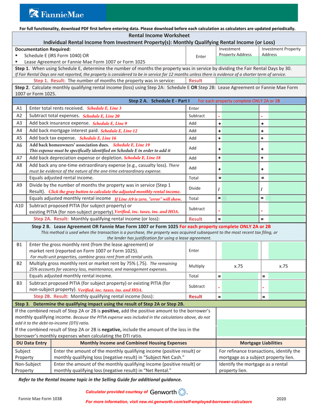2020 Rental Income Worksheet screenshot