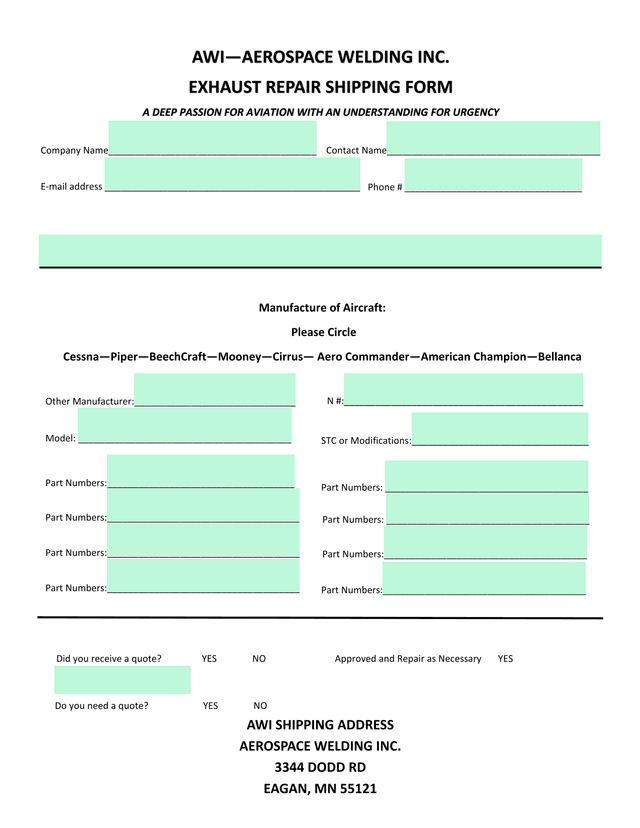 AWIAEROSPACE WELDING INC. EXHAUST REPAIR SHIPPING FORM screenshot