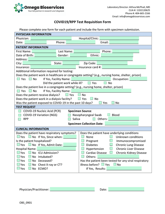 OBS 0901 COVID19RPP Test Requisition Form screenshot